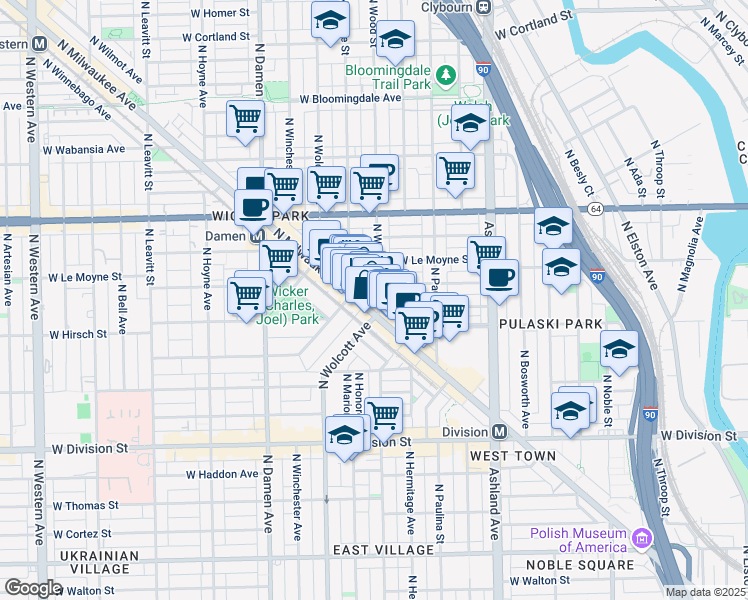 map of restaurants, bars, coffee shops, grocery stores, and more near 1746 West Julian Street in Chicago
