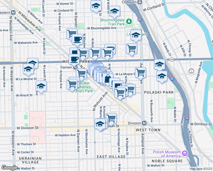 map of restaurants, bars, coffee shops, grocery stores, and more near 1418 North Elk Grove Avenue in Chicago