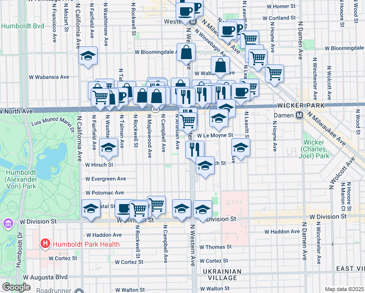 map of restaurants, bars, coffee shops, grocery stores, and more near 1500 North Artesian Avenue in Chicago