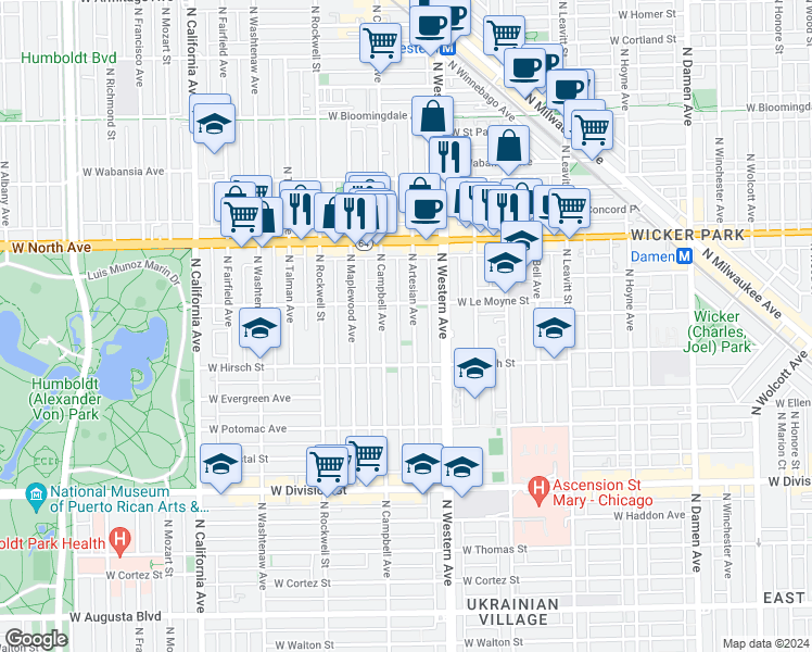 map of restaurants, bars, coffee shops, grocery stores, and more near 1500 North Artesian Avenue in Chicago