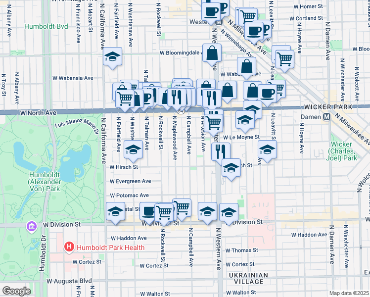 map of restaurants, bars, coffee shops, grocery stores, and more near 2511 West Le Moyne Street in Chicago