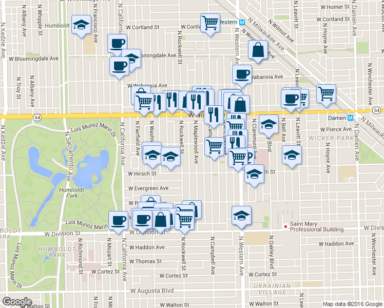 map of restaurants, bars, coffee shops, grocery stores, and more near in Chicago