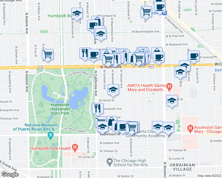 map of restaurants, bars, coffee shops, grocery stores, and more near 2654 West Le Moyne Street in Chicago