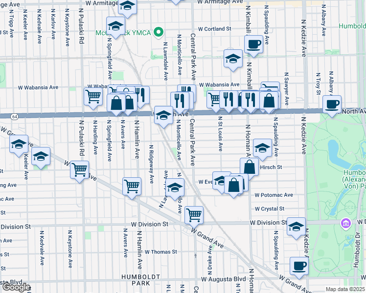 map of restaurants, bars, coffee shops, grocery stores, and more near 1508 North Central Park Avenue in Chicago