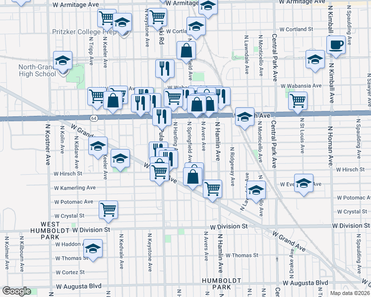 map of restaurants, bars, coffee shops, grocery stores, and more near 1512 North Springfield Avenue in Chicago