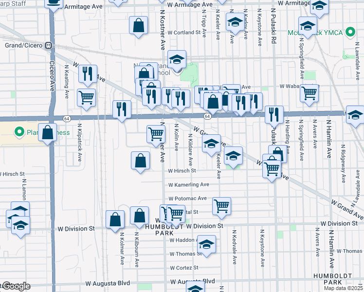 map of restaurants, bars, coffee shops, grocery stores, and more near 1524 North Kolin Avenue in Chicago