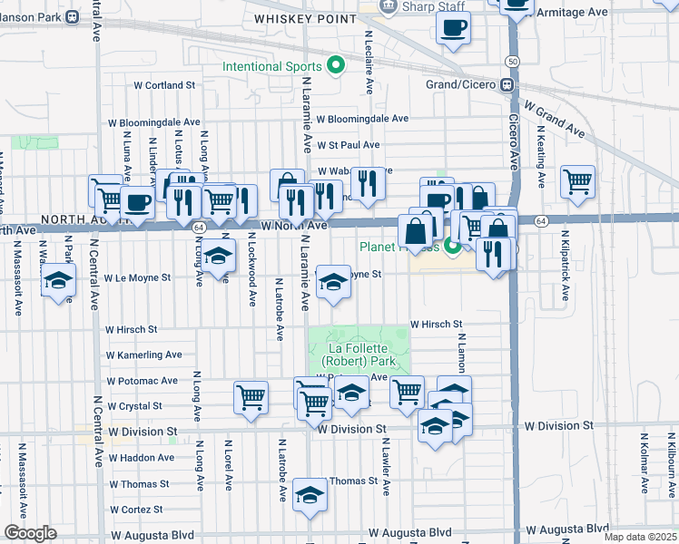 map of restaurants, bars, coffee shops, grocery stores, and more near 1525 North Leamington Avenue in Chicago