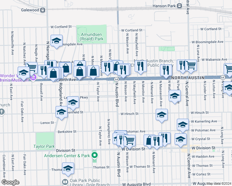 map of restaurants, bars, coffee shops, grocery stores, and more near 1533 North Austin Boulevard in Chicago