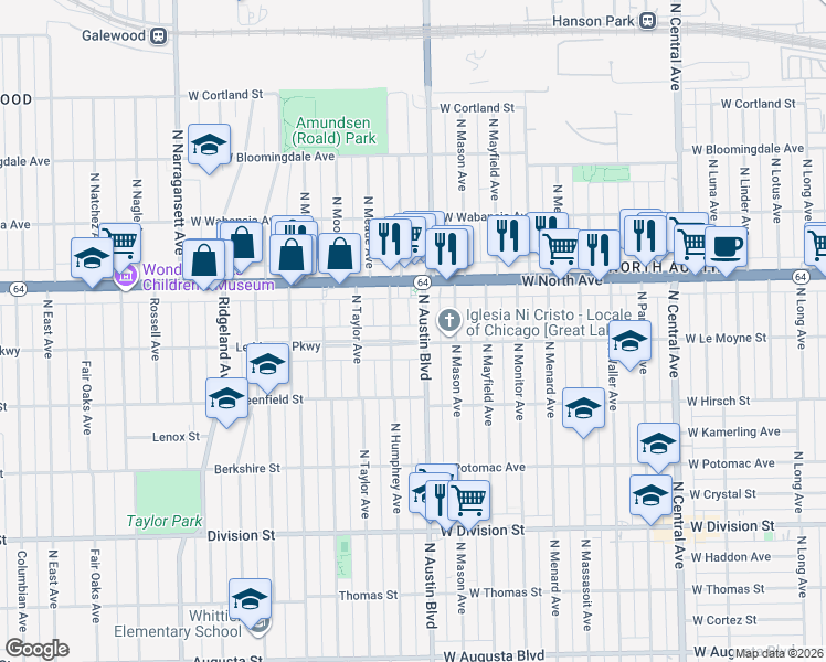 map of restaurants, bars, coffee shops, grocery stores, and more near 1533 North Austin Boulevard in Chicago
