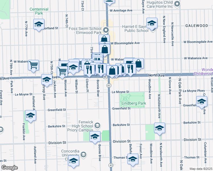 map of restaurants, bars, coffee shops, grocery stores, and more near in River Forest