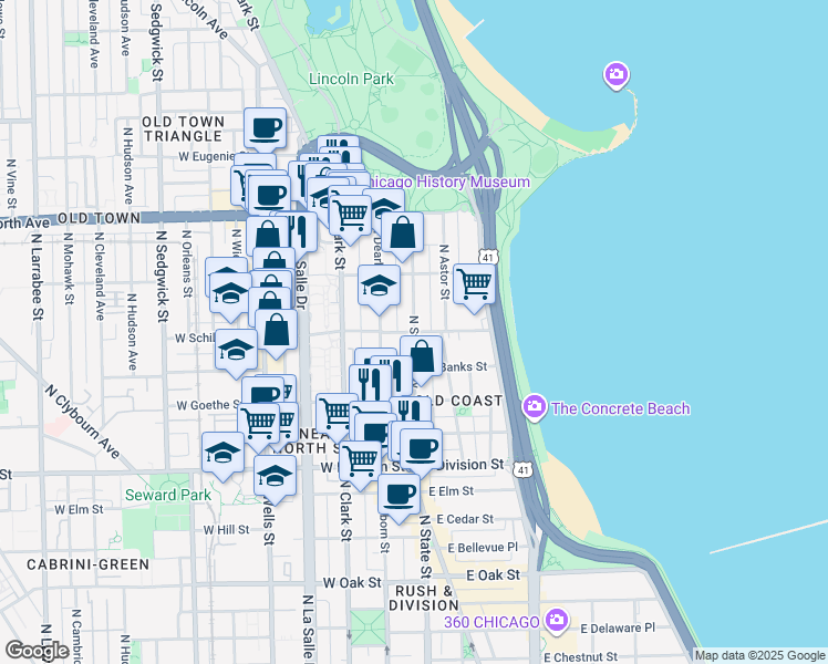 map of restaurants, bars, coffee shops, grocery stores, and more near North State Parkway in Chicago