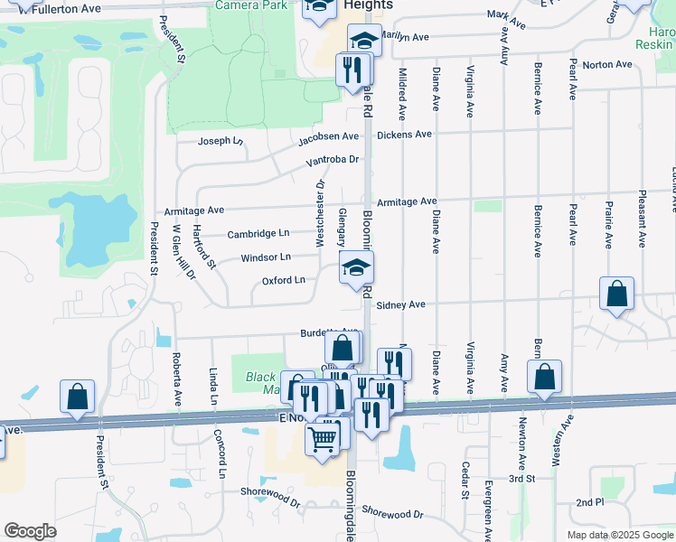 map of restaurants, bars, coffee shops, grocery stores, and more near 1354 Glengary Drive in Glendale Heights