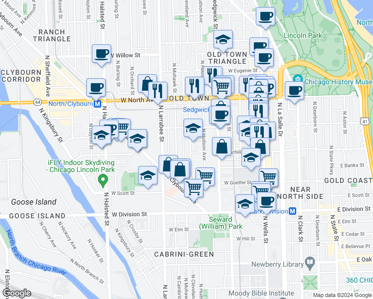 map of restaurants, bars, coffee shops, grocery stores, and more near 1406 North Cleveland Avenue in Chicago