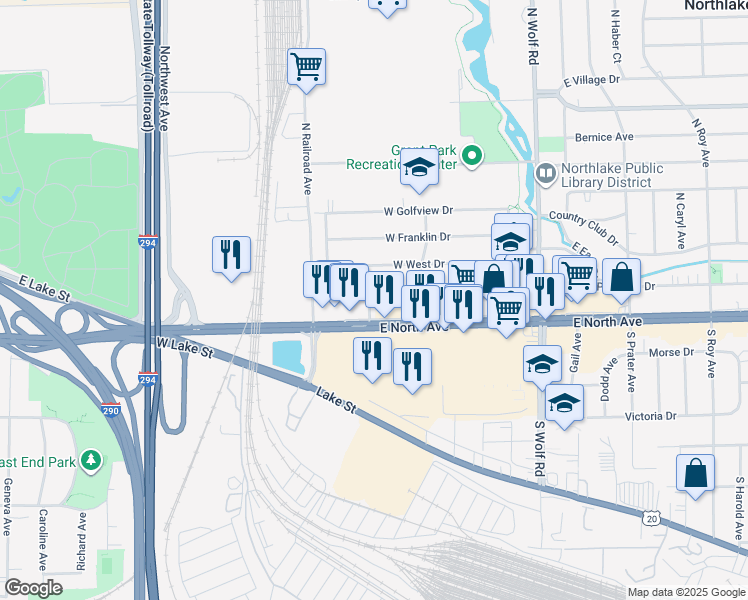 map of restaurants, bars, coffee shops, grocery stores, and more near 133 Westward Ho Drive in Northlake