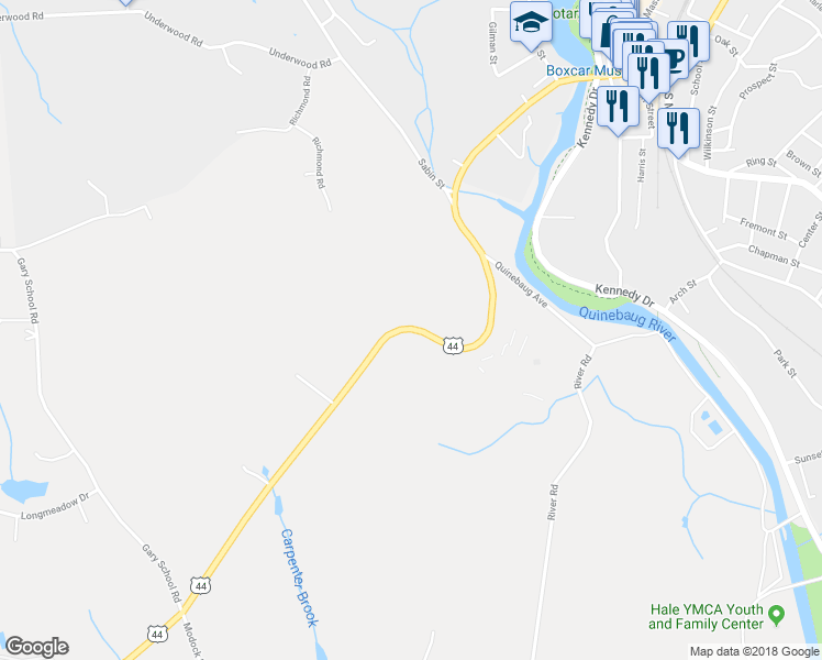 map of restaurants, bars, coffee shops, grocery stores, and more near 618 Pomfret Street in Putnam