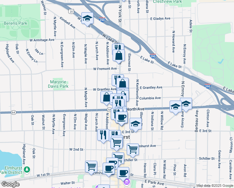 map of restaurants, bars, coffee shops, grocery stores, and more near 113 West Grantley Avenue in Elmhurst