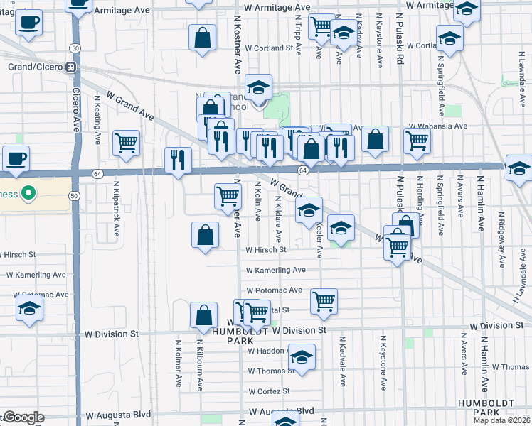 map of restaurants, bars, coffee shops, grocery stores, and more near 4318 West Le Moyne Street in Chicago