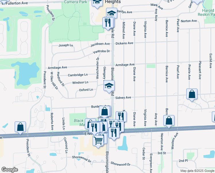 map of restaurants, bars, coffee shops, grocery stores, and more near 2N307 Bloomingdale Road in Glendale Heights