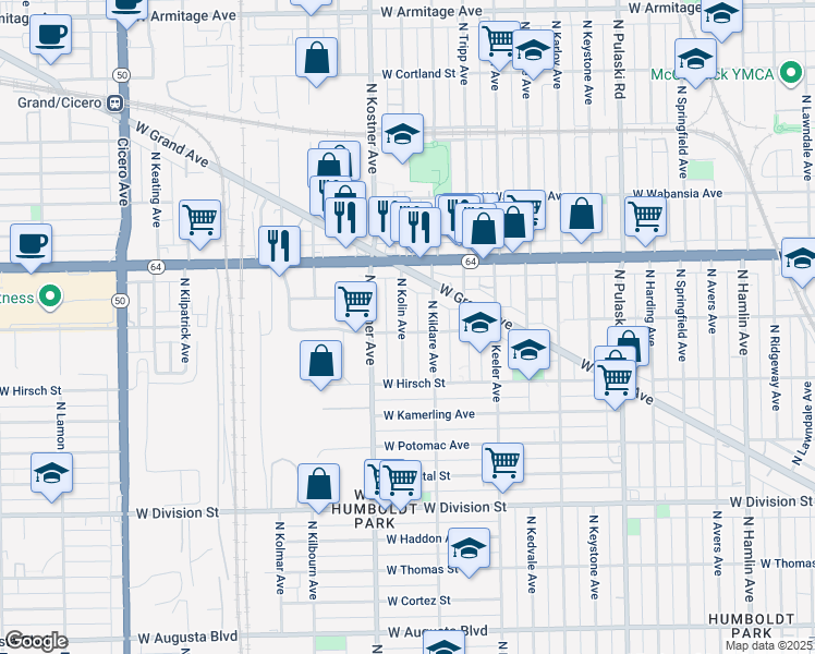 map of restaurants, bars, coffee shops, grocery stores, and more near 1501 North Kolin Avenue in Chicago