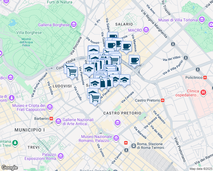 map of restaurants, bars, coffee shops, grocery stores, and more near 21 Piazza Sallustio in Roma