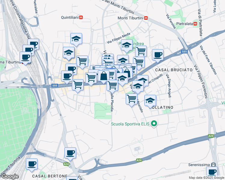 map of restaurants, bars, coffee shops, grocery stores, and more near Via Tiburtina in Rome