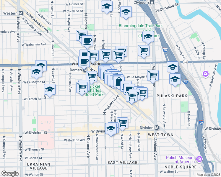 map of restaurants, bars, coffee shops, grocery stores, and more near 1438 North Milwaukee Avenue in Chicago