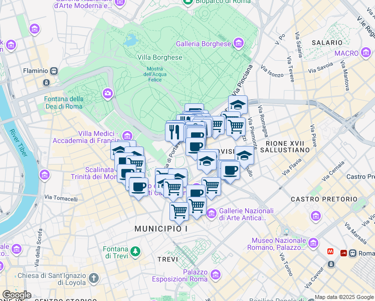 map of restaurants, bars, coffee shops, grocery stores, and more near 31 Via Lombardia in Roma
