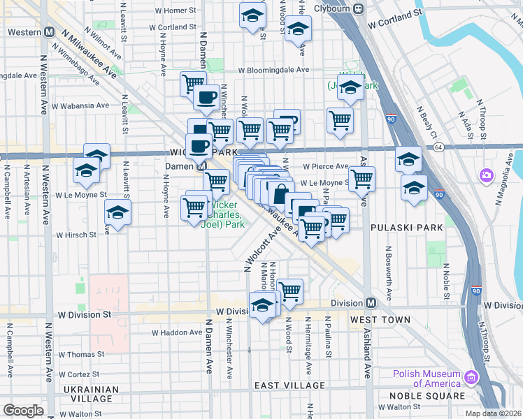 map of restaurants, bars, coffee shops, grocery stores, and more near 1438 North Milwaukee Avenue in Chicago