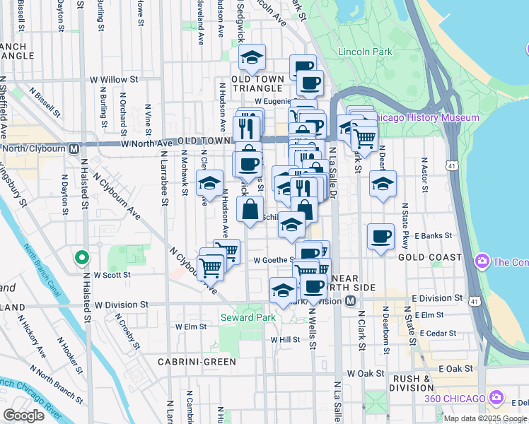 map of restaurants, bars, coffee shops, grocery stores, and more near 1405 North Orleans Street in Chicago