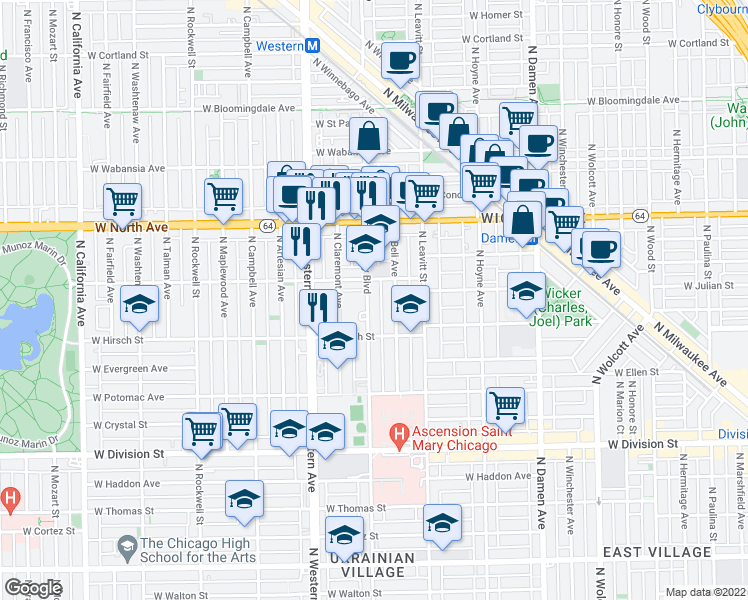 map of restaurants, bars, coffee shops, grocery stores, and more near 1439 North Oakley Boulevard in Chicago