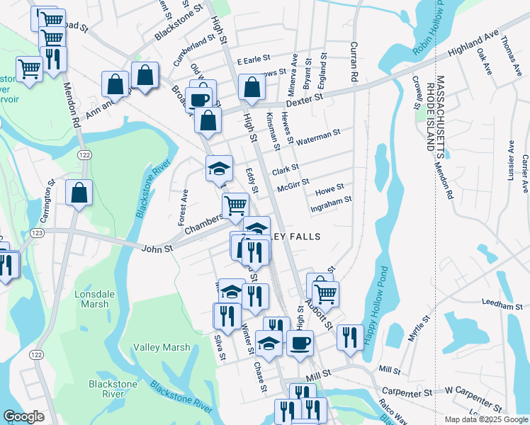map of restaurants, bars, coffee shops, grocery stores, and more near 8 Eddy Street in Cumberland