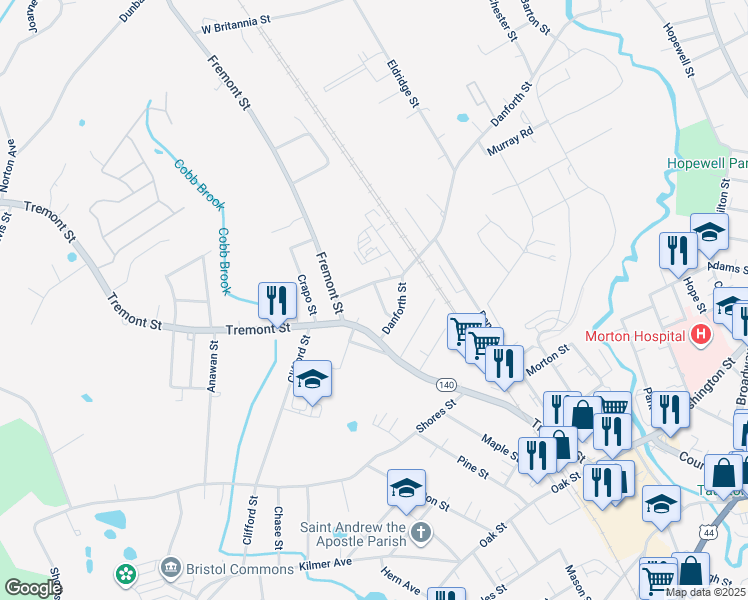map of restaurants, bars, coffee shops, grocery stores, and more near 5 Pinckney Street in Taunton