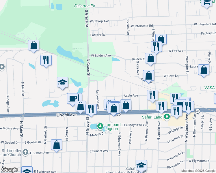 map of restaurants, bars, coffee shops, grocery stores, and more near 2N175 Fairfield Avenue in Lombard