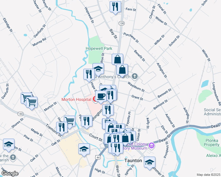 map of restaurants, bars, coffee shops, grocery stores, and more near 123 Broadway in Taunton