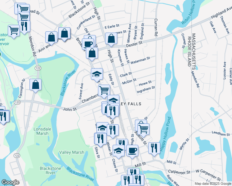 map of restaurants, bars, coffee shops, grocery stores, and more near 8 Eddy Street in Cumberland