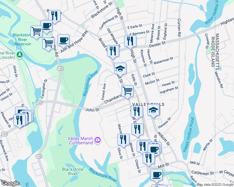 map of restaurants, bars, coffee shops, grocery stores, and more near 27-29 Dexter Street in Cumberland