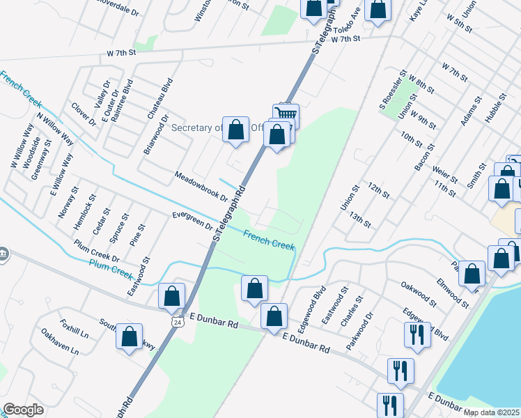 map of restaurants, bars, coffee shops, grocery stores, and more near 1255 South Telegraph Road in Monroe