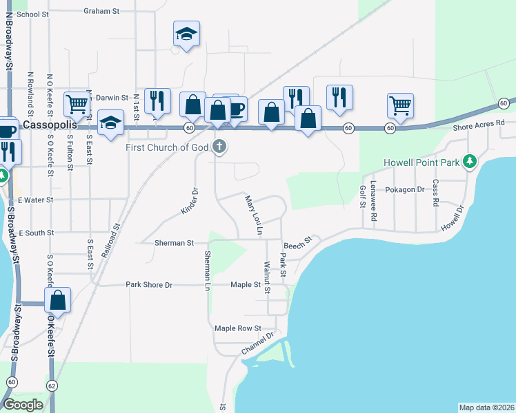 map of restaurants, bars, coffee shops, grocery stores, and more near 22322 Loupee Drive in Cassopolis