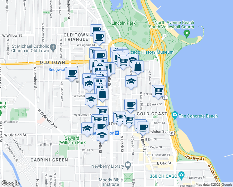 map of restaurants, bars, coffee shops, grocery stores, and more near 1418 North Sandburg Terrace in Chicago