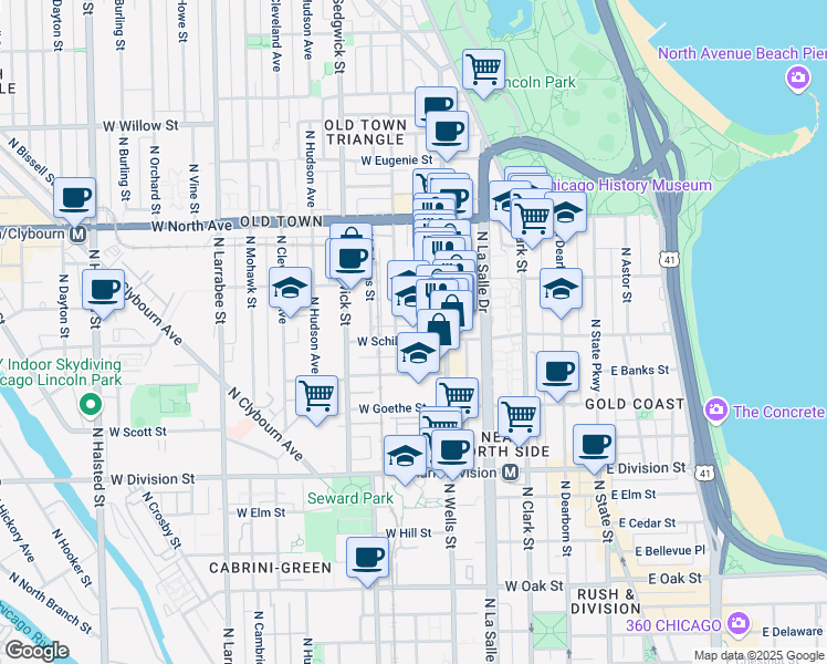 map of restaurants, bars, coffee shops, grocery stores, and more near 1430 North Wieland Street in Chicago