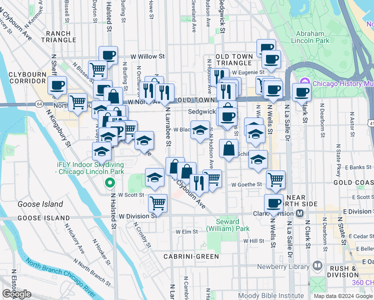 map of restaurants, bars, coffee shops, grocery stores, and more near 1429 North Mohawk Street in Chicago