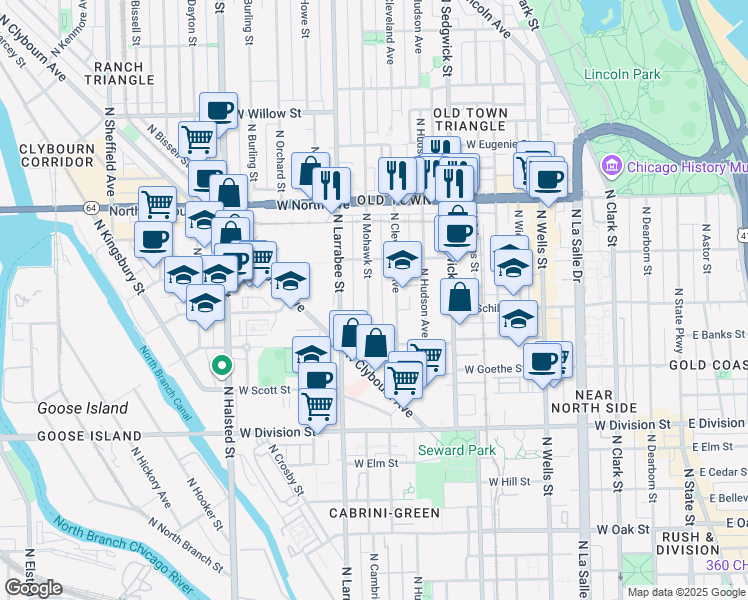 map of restaurants, bars, coffee shops, grocery stores, and more near 1429 North Mohawk Street in Chicago