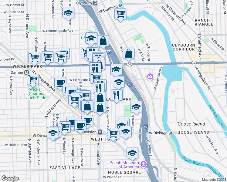 map of restaurants, bars, coffee shops, grocery stores, and more near 1451 North Bosworth Avenue in Chicago