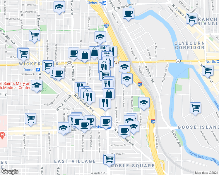 map of restaurants, bars, coffee shops, grocery stores, and more near in Chicago