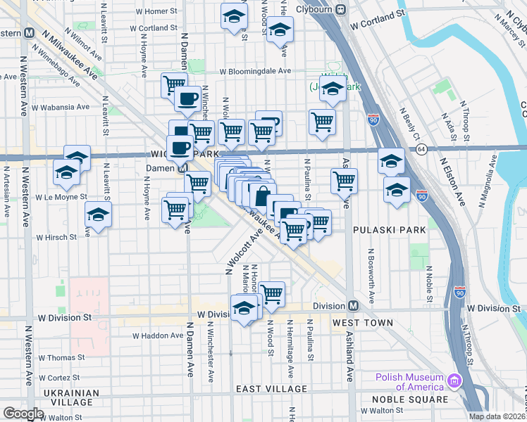 map of restaurants, bars, coffee shops, grocery stores, and more near 1418 North Elk Grove Avenue in Chicago