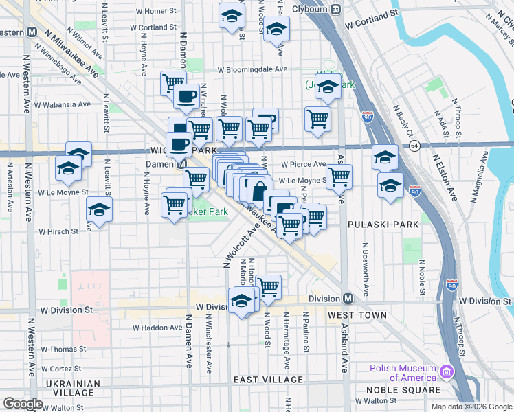 map of restaurants, bars, coffee shops, grocery stores, and more near 1418 North Elk Grove Avenue in Chicago