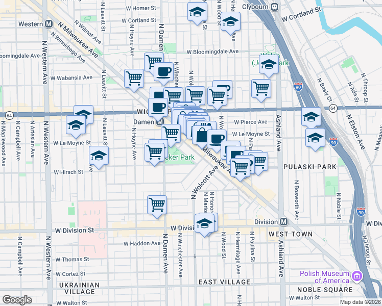 map of restaurants, bars, coffee shops, grocery stores, and more near 1474 North Milwaukee Avenue in Chicago