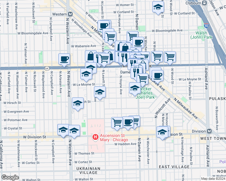 map of restaurants, bars, coffee shops, grocery stores, and more near 2128 West Le Moyne Street in Chicago