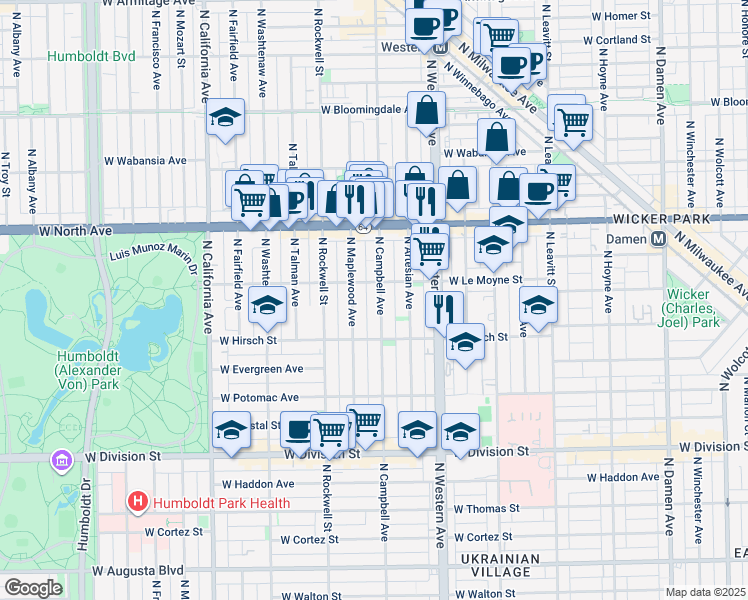 map of restaurants, bars, coffee shops, grocery stores, and more near in Chicago