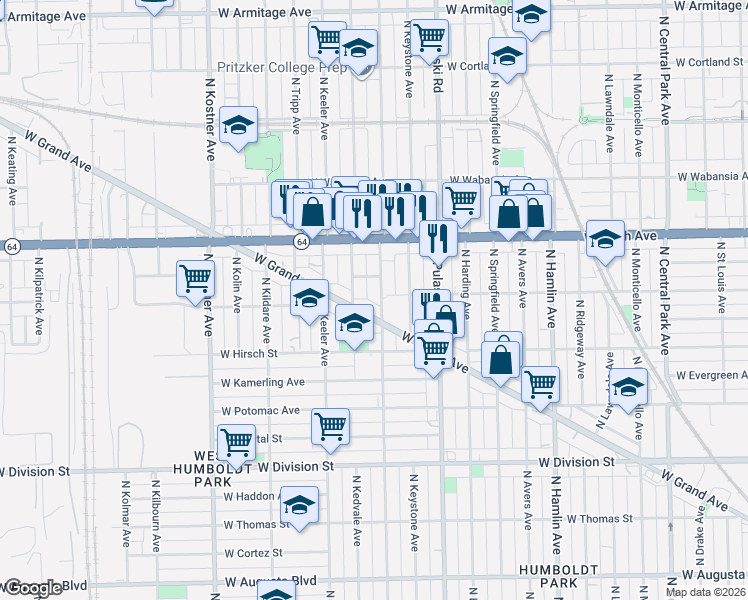 map of restaurants, bars, coffee shops, grocery stores, and more near 4107 West Pierce Avenue in Chicago